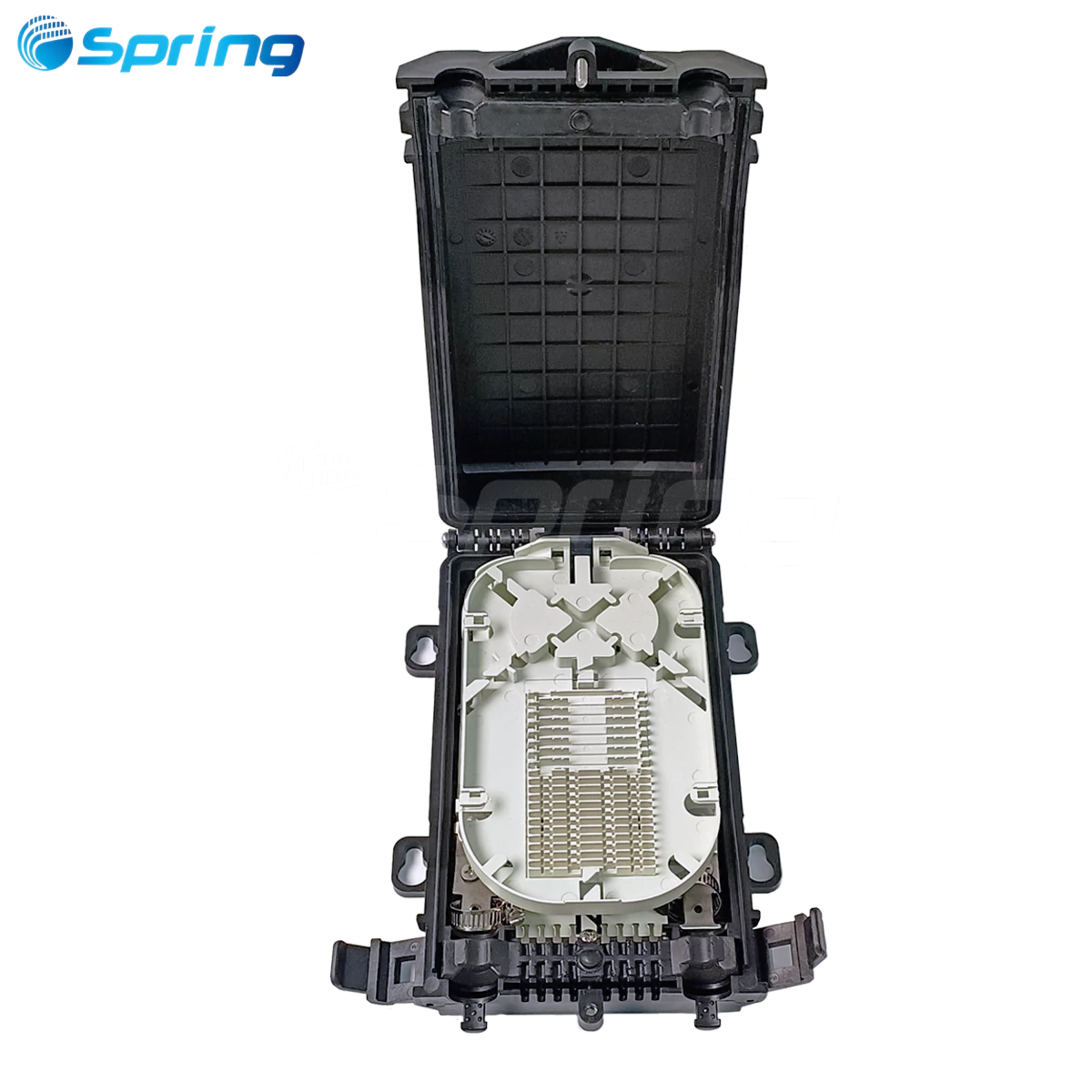 8 port waterproof fiber optic distribution box open view with splice tray and fiber routing