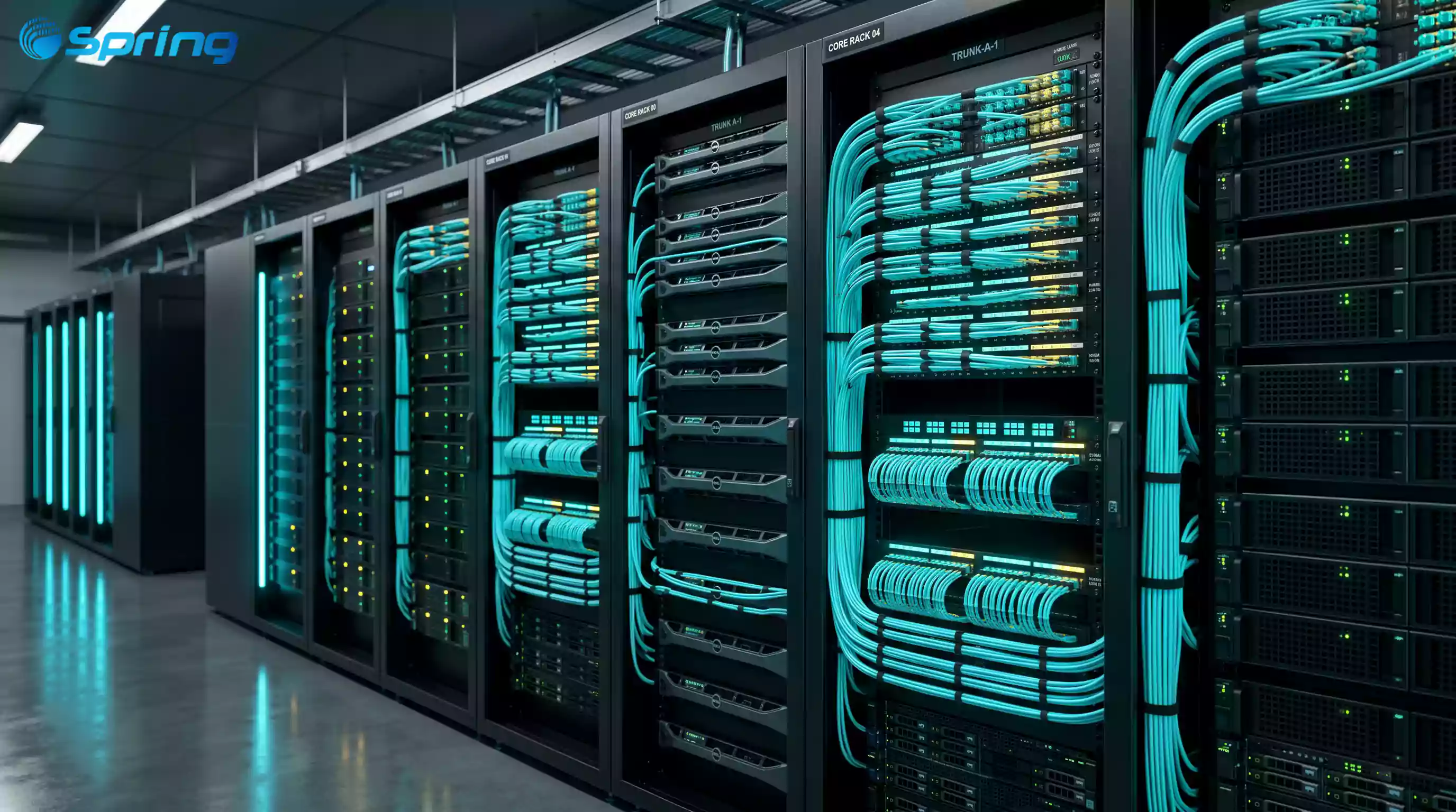 Rows of server racks in a modern data center, showcasing ultra-high-density MTP fiber optic trunk cables with teal jackets organized in cable managers.